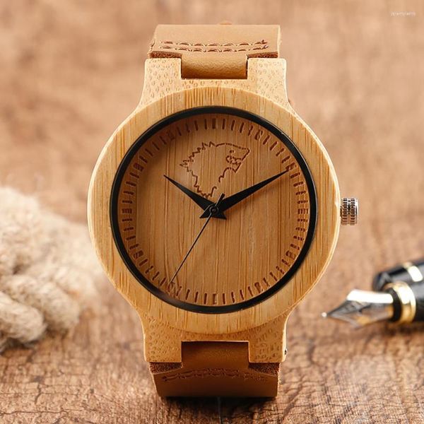 Montre-bracelets en cuir en cuir authentique en bois de bambou quartz masculin de bracelet masculin affichage analogique naturel.
