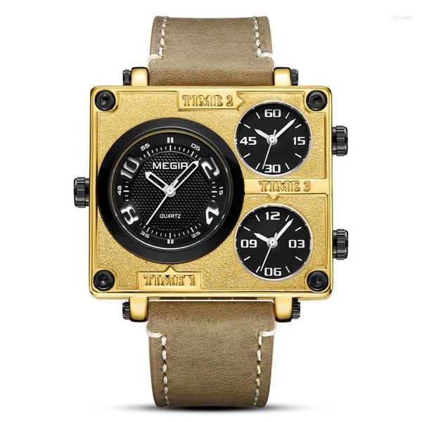 Relojes de pulsera Reloj para hombre de cuero genuino Cuadrado Vintage Zona horaria múltiple Esfera grande Impermeable