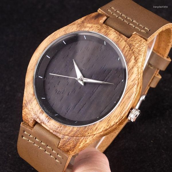 Relojes de pulsera de cuero genuino Vintage Zebra Wood Men Watch Black Dial Wooden Bamboo Wrist Men's Sports Quartz Male Casual Clock