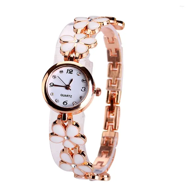 Relojes De Pulsera Niñas Chic Moda Flor Rosa Pulsera Dorada Reloj De Pulsera Blanco