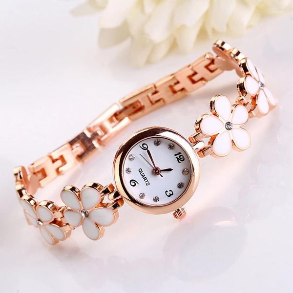 Montre-bracelets Bracelet Golden Flower Chic Flower Rose Bracelet de poignet White