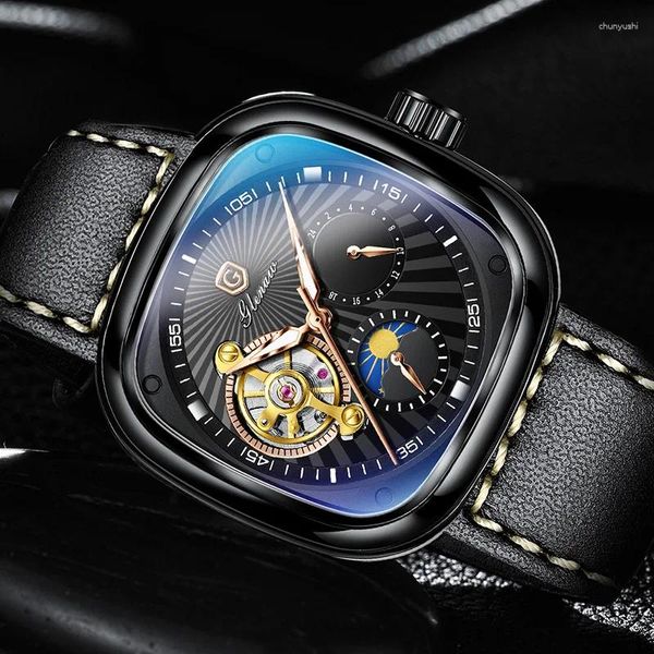 Relojes de pulsera GLENAW Reloj automático Cuadrado Esqueleto Malla Cinturón de acero Mecánico Reloj de negocios Impermeable Noche Resplandor Relogio Masculino