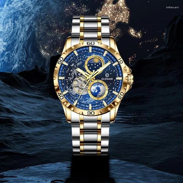 Relojes de pulsera GLENAW Marca original Relojes para hombres Impermeable Multifuncional Luminoso Reloj mecánico completamente automático Fase lunar Disco estrellado