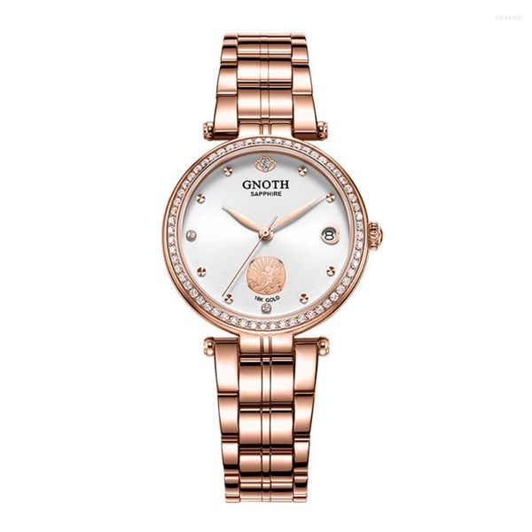 Relojes de pulsera Gnoth Mujer Relojes de cuarzo Diamond Top Ring Reloj brillante para 18K Gold Angel Pattern 7007