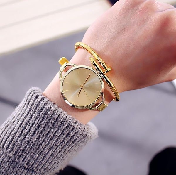 Relojes de pulsera, reloj chapado en oro, lujo local, correa de malla metálica de cuarzo para mujer, moda clásica, reloj femenino sencillo para mujer