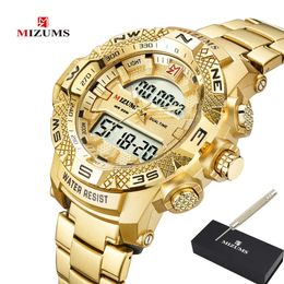 Relojes de pulsera Reloj de oro para hombre Relojes deportivos digitales LED Hombre Banda de acero inoxidable resistente al agua Marca de lujo Mizums Reloj de pulsera de cuarzo para hombre XFCS 231025