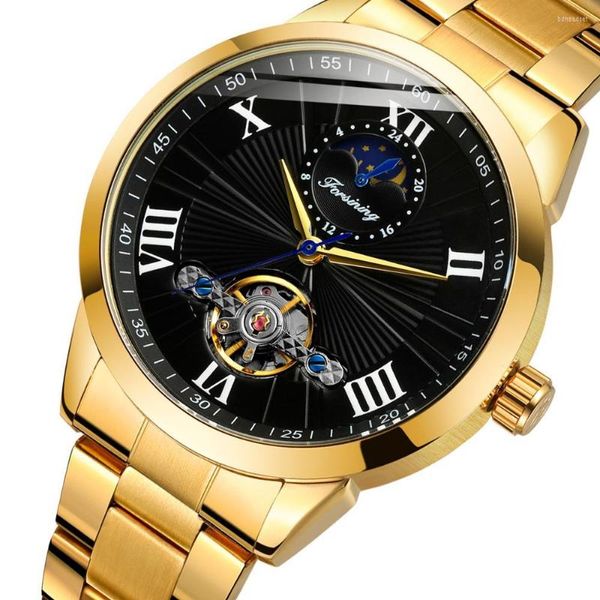 Relojes de pulsera Golden Black Tourbillon Reloj mecánico automático de viento automático Hombres Número romano Reloj de fase lunar Reloj de pulsera de acero inoxidable masculino