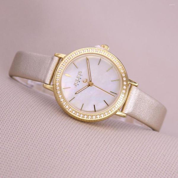 Montres-bracelets Golden Julius Montre pour femme Cadre élégant CZ Nacre Mode Heures Bracelet Cuir véritable Horloge School Girl's