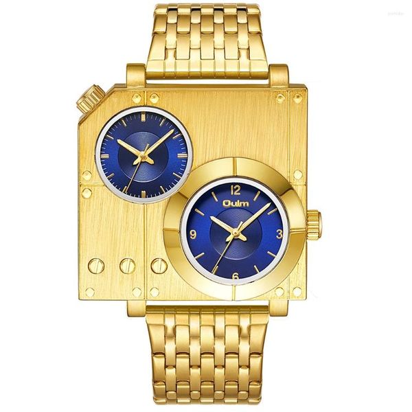 Relojes de pulsera Reloj de cuarzo de lujo dorado para hombre Cuadrado Zona horaria dual Reloj grande creativo Relojes deportivos de acero completo Puntero luminoso Reloj