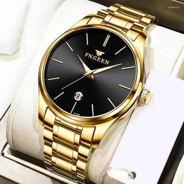 Relojes de pulsera Reloj de lujo dorado Cuarzo de acero inoxidable para hombres Ultrafino Impermeable Simple Calendario automático Relogio Masculino