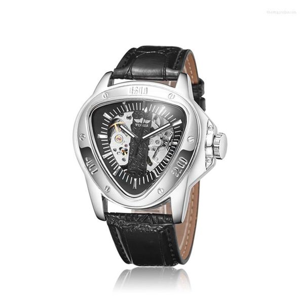 Relojes de pulsera Gorben Plata / Negro Casual Moda Correa de cuero Esqueleto Reloj de pulsera Relojes para hombre Reloj mecánico automático para hombre