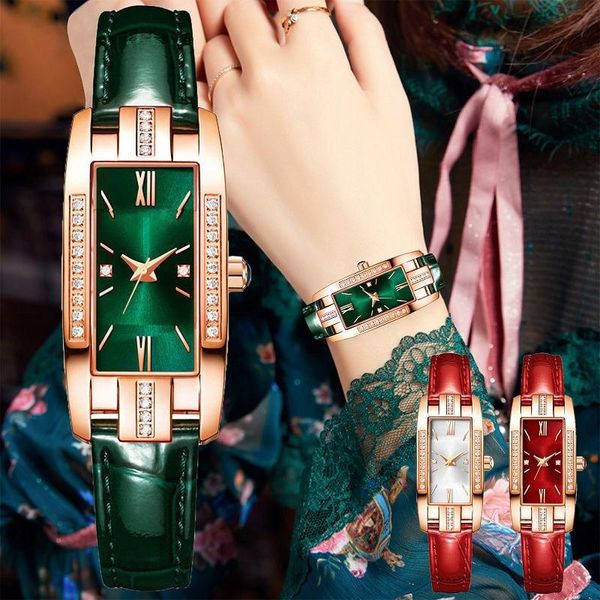 Montres-bracelets vert montre Rectangle horloge marque pour femmes rouge Quartz montre-bracelet cadran Simple mode montres cadeau amoureux des femmes