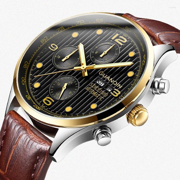 Relojes de pulsera GUANQIN, reloj clásico para hombre con fecha automática, reloj luminoso, correa de cuero informal a la moda para hombre, relojes mecánicos impermeables