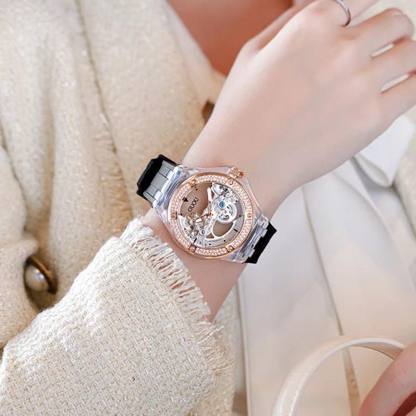 Relojes de pulsera GUOU Reloj mecánico Fondo transparente Estilo de mujer de moda Diamante de agua Cinta de silicona impermeable