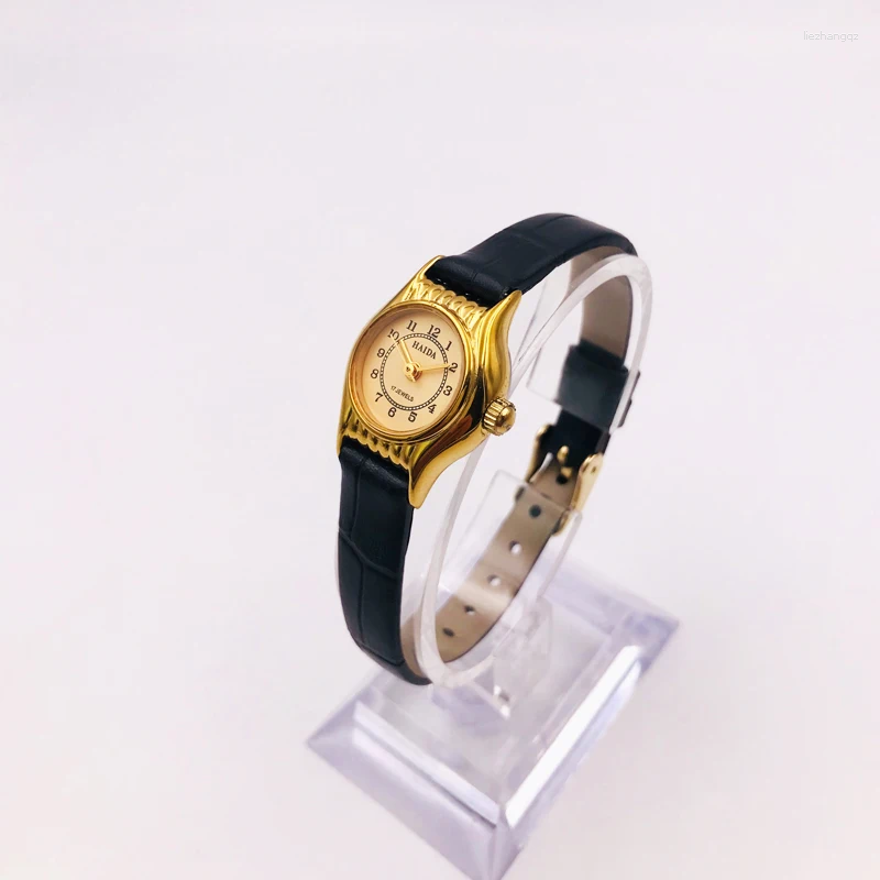 Armbandsur haida kompakt digital äkta läder 17 diamant titan legering manuell mekanisk klocka för kvinnor