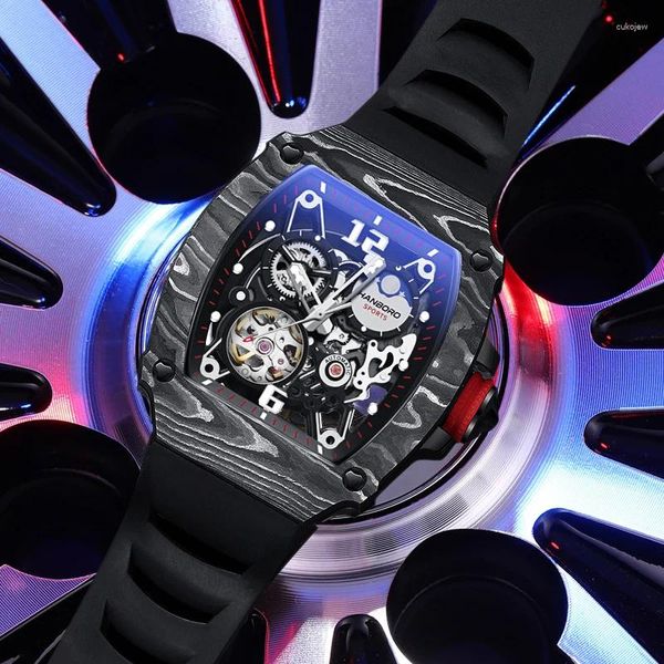 Relojes de pulsera Hanboro 2023 Fibra de carbono Cask Relojes para hombres Auto Wind con Box Top Brand Reloj mecánico para hombres Automático Hollow