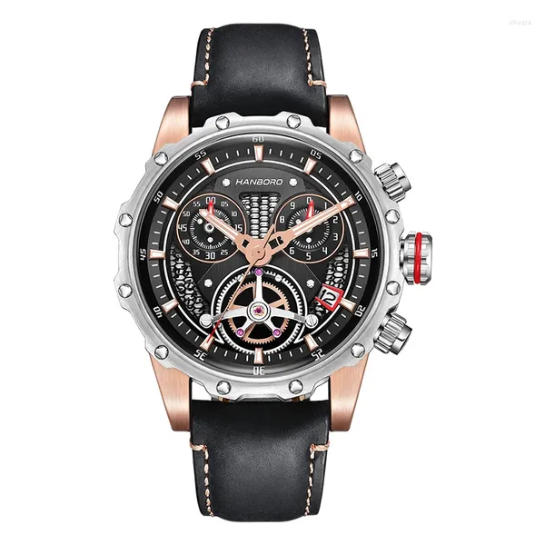 Relojes de pulsera HANBORO Hombres Cronógrafo Relojes deportivos Impermeable Luminoso Moda Marca Reloj de cuarzo Banda de cuero Relogio Masculino