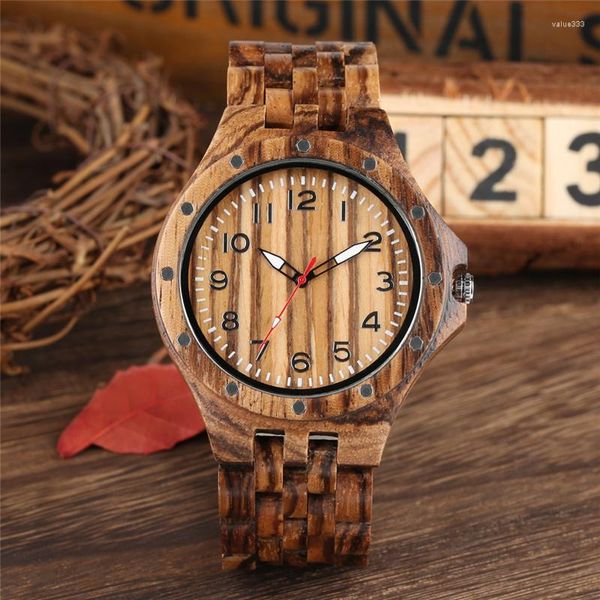 Relojes de pulsera Hechos a mano de bambú Punteros luminosos Relojes de hombre Reloj analógico de cuarzo Número árabe Dial Reloj de pulsera Delicado Brazalete de madera completo Regalo