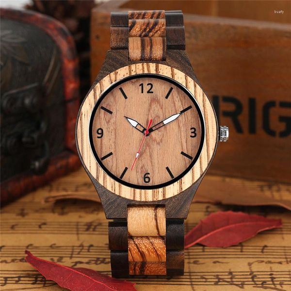 Relojes de pulsera Hechos a mano Relojes de madera natural Hombres Casual Punteros luminosos Reloj de pulsera Movimiento de cuarzo Reloj Correa ajustable Longitud Reloj