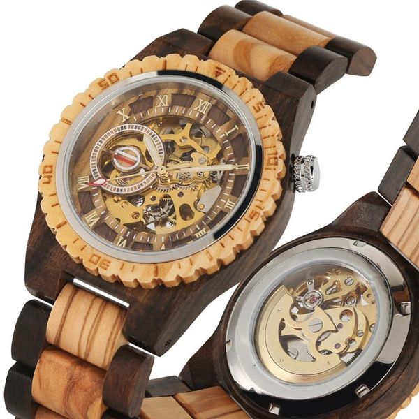 Relojes de pulsera Reloj de madera natural hecho a mano Relojes mecánicos de cuerda automática para hombres Reloj de esqueleto automático Manos luminosas Pulsera de bambú completa