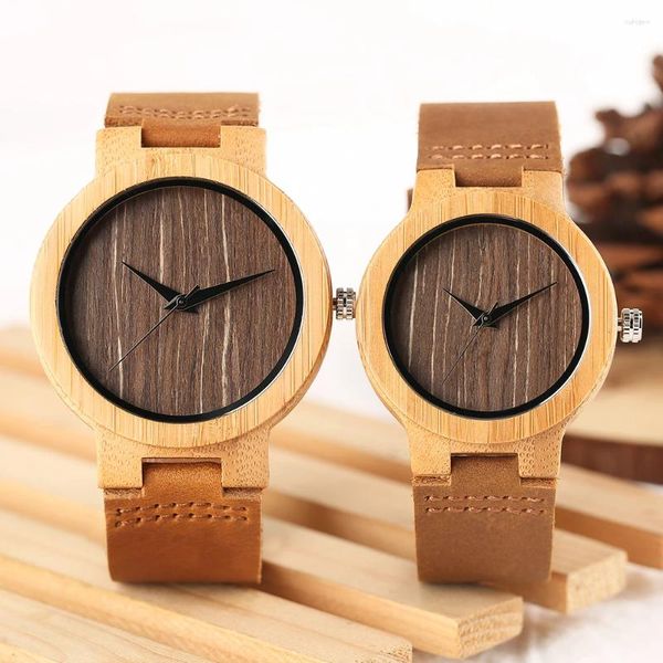 Relojes de pulsera Relojes para amantes de la madera hechos a mano Hombres minimalistas Mujeres Reloj de cuarzo de madera de bambú Banda de cuero marrón Reloj de pulsera creativo para pareja
