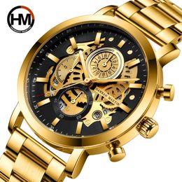 Horloges HANNAH MARTIN Klassiek luxe topmerkontwerp Herenhorloge Multifunctioneel waterdicht goudkleurige stalen band Sport mannelijk 230905