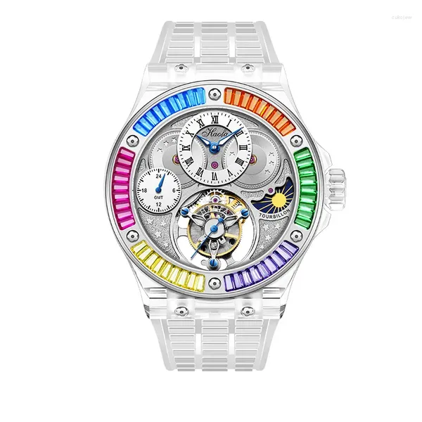 Relojes de pulsera Haofa Hollow Tourbillon Reloj mecánico para hombres Lujo K9 Crystal GMT Moonphase Sapphire Colorido Manual impermeable 2101