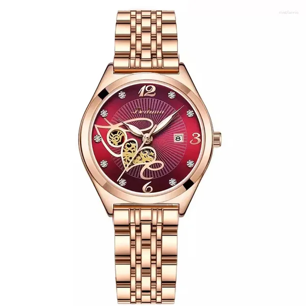 Relojes de pulsera Reloj multifunción con calendario impermeable de oro rosa con incrustaciones de diamantes, informal y versátil, de alta gama para mujer