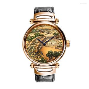 Relojes de pulsera de regalo de gama alta para hombre, reloj mecánico automático, caja de oro de 18 quilates, pintura famosa Retro en relieve, negocio dominante, tipo duro