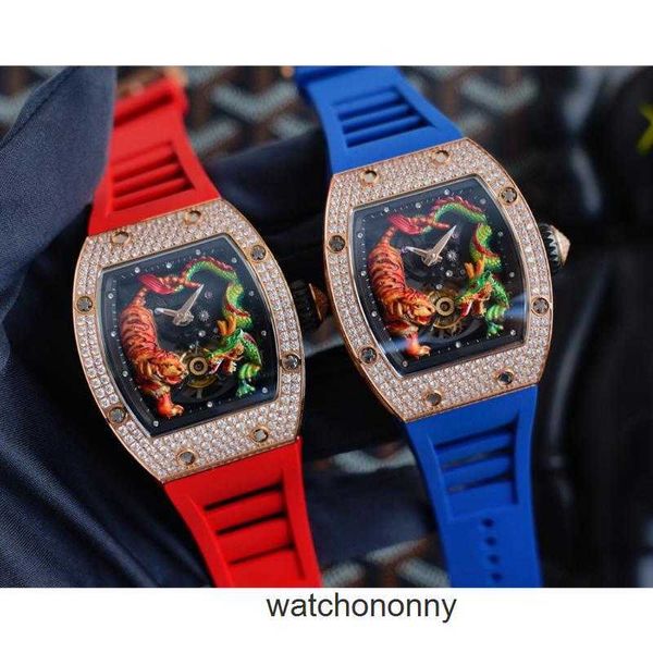 Montres-bracelets haut de gamme Tiger Dragon-Michelle Yeoh Montre mécanique automatique pour hommes Diamants glacés Or rose Noir Bleu Caoutchouc Saphir G