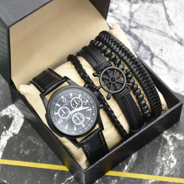 Relojes de pulsera Relojes de hombre de alta calidad Conjunto de pulsera Moda Simple Negocio Pulseras de cuerda trenzadas Regalo con caja para padres para hombre