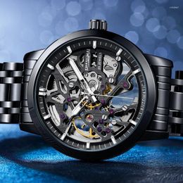 Polshorloges van hoge kwaliteit skelethorloge voor mannen automatische mechanische luxe horloges Luminous Hands Black echte roestvrijstalen klok