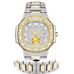 Relojes de pulsera Hip Hop Gold Watch Hombres Bling Full Diamond Relojes para hombre Hombre Moda Reloj de pulsera de cuarzo Impermeable Iced Out Silver Steel275R