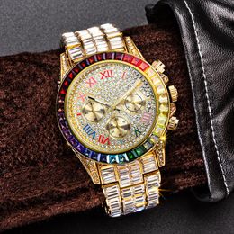 Relojes de pulsera Hip Hop Luxury Quartz Wrist Relojes impermeables Full CZ Stone Bling Iced Out Banda de reloj de acero inoxidable para hombres Charm Jewelry