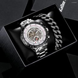 Relojes de pulsera Hip Hop Hombres Reloj Pulsera Conjunto de regalo Caja Top Relojes mecánicos automáticos Correa de acero de cobre Moda clásica