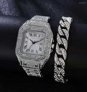 Montre-bracelets Hip Hop Square Men Regardez Miami Cuban Chain Set Watch for Women Iced Out Quartz Roman Silver Gold Relogie Masculino 2347747