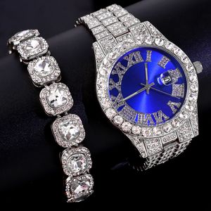 Horloges HipHop Iced Out Heren Dameshorloge met armband Luxe Datum Quartz Bling Volledige strass Horloges Cubaanse handketting Mode-sieraden 230215