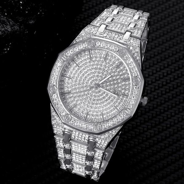 Relojes de pulsera HipHop Iced Out Hombres Mujeres Reloj Fecha de lujo Cuarzo Bling Rhinestones completos Relojes Cadena de mano cubana Joyería de moda 2022Wristwat