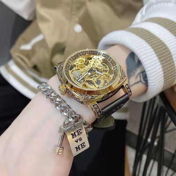 Relojes de pulsera, reloj mecánico automático hueco para Hombre, esfera cuadrada, reloj Steampunk dorado con esqueleto de lujo para Hombre, reloj Masculino