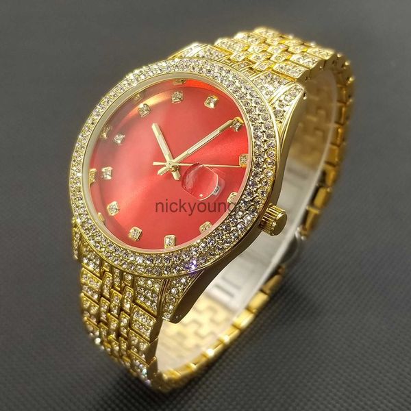 Relógios de pulso Hot Hip Hop Moissanite Para Mulheres Luxo Moda Red Dial Quartz Lady Dress Iced Out Tamanho Grande Ouro Relogio Feminino 0703