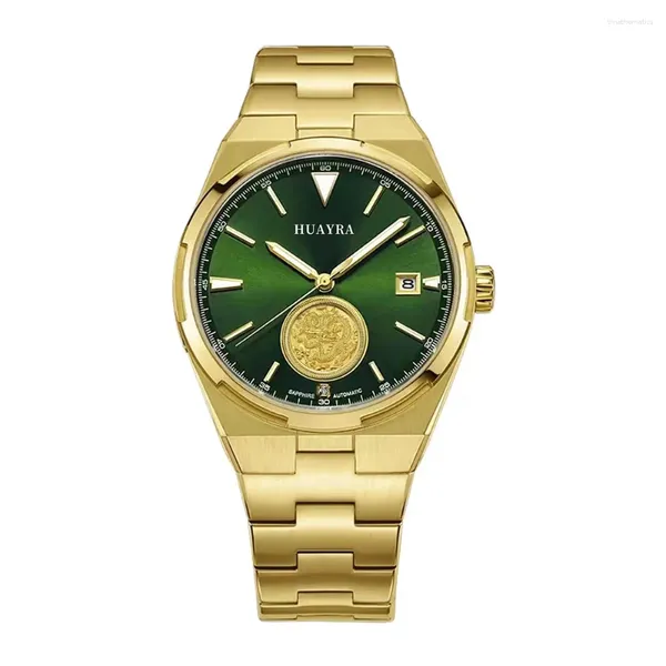 Relojes de pulsera HUAYRA Reloj mecánico completamente automático para hombres Banda de acero dorada Tallada Esfera verde Impermeable Resplandor nocturno Lujo y Gran Gol