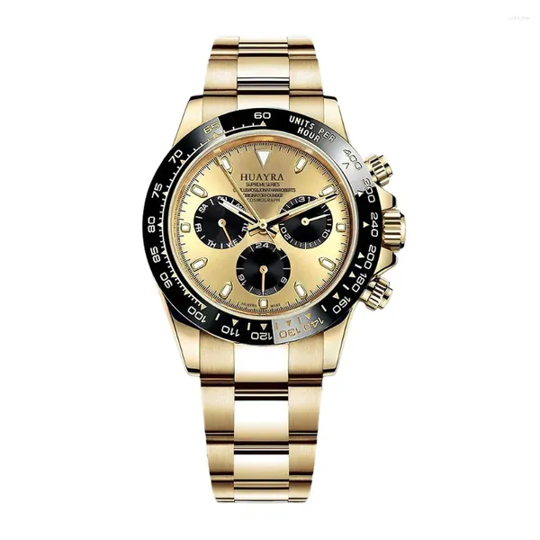 Relojes de pulsera HUAYRA Reloj mecánico automático de lujo para hombres Acero inoxidable Resistente al agua Dial de sincronización de oro Anillo exterior negro Resplandor