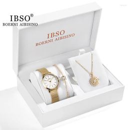 Polshorloges ibso kijkt vrouwen mode 2023 3 -delige set luxe goud roestvrij staal mesh horloge zirkoon armband dames Japan Quartz pols