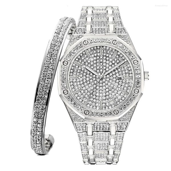 Montres-bracelets Iced Out Watch Bangle pour les femmes Bracelet à breloques Fashion Luxury Sliver Set Jewelry