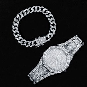 Horloges Iced Out Horloge Armband voor Vrouwen Heren Grote Gouden Cubaanse Ketting Hip Hop Sieraden Set Mannen Miami 230727