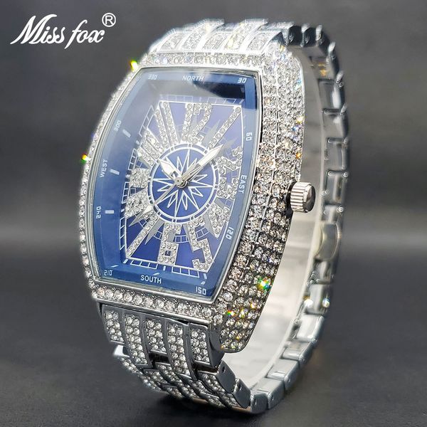 Relojes de pulsera Iced Out Watch para hombres Big Wrist Full Diamond Relojes de cuarzo Hombres s 55mm Blue Face Hip Hop Accesorios Impermeable Reloj Hombre 230306