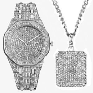 Horloges Iced Out Horloge Ketting Voor Mannen 2 Stuks Luxe Diamant Bling Mode Hip Hop Sieraden Set Heren Gouden Horloges datum Relogio