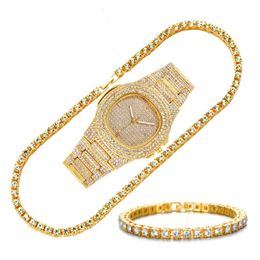 Relojes de pulsera Relojes helados para hombres Collar Pulsera Rhinestone Choker Bling Crystal Tennis Cadena Joyería Hip Hop Gold Watch