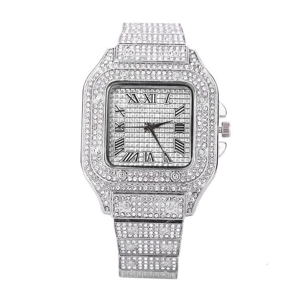 Relojes de pulsera Iced Out Mujeres Hombres Reloj Cuadrado Diamondd Números negros Cuarzo Lujo Hip Hop Relojes de pulsera Reloj romano Relogio Masculino 230823