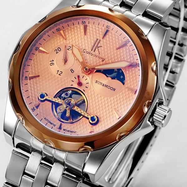 Relojes de pulsera IK para colorear, automático, automático, mecánico, para hombre, Sun Moon, 24 horas, Tourbillon, colorido, informal, de cristal, para hombre